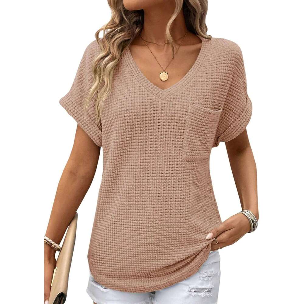 Womens Waffle Designer Knit Tops 2026 Spring Summer V Neck Shirts Casual Trendy Women's Blouses Basic Tee