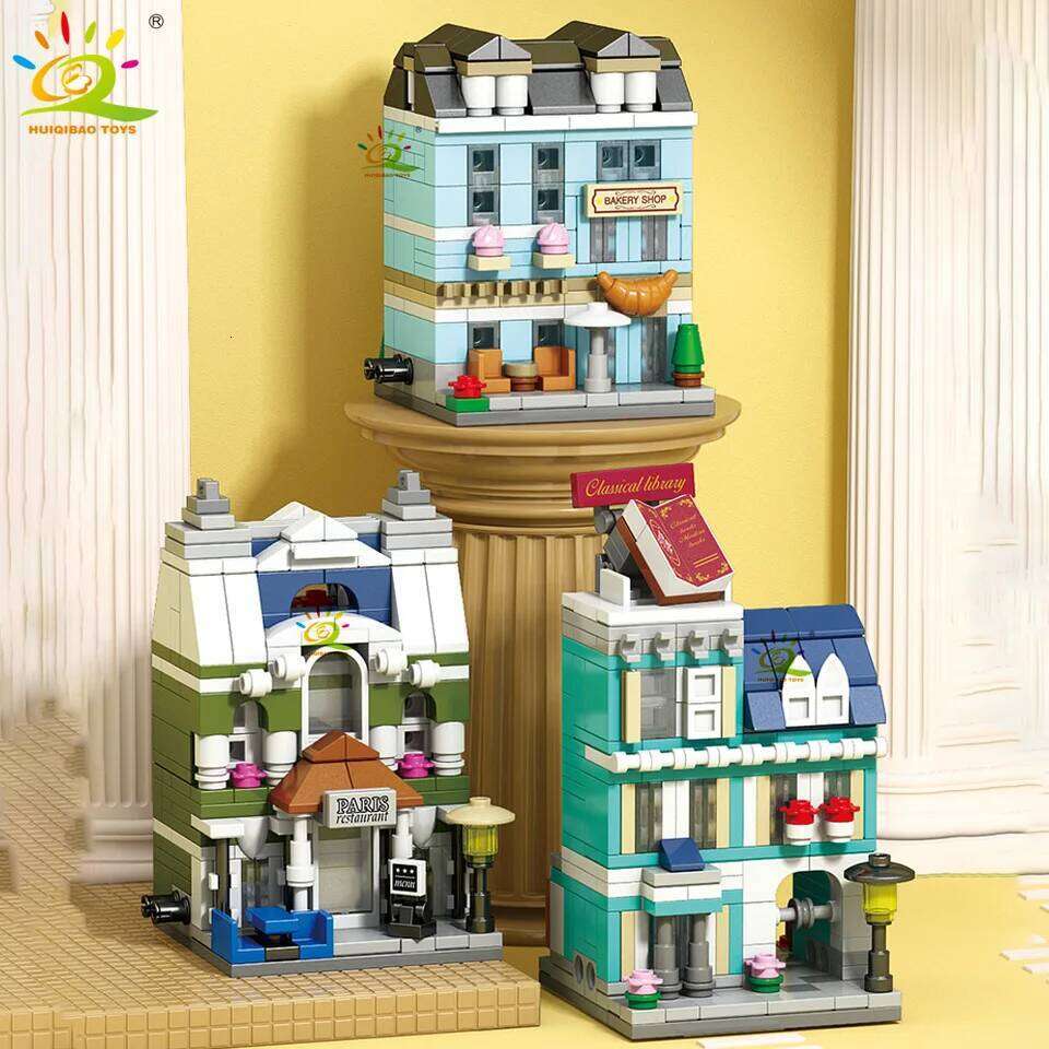 HUIQIBAO Moc Architecture Street View Building Blocks coffee Store Restaurant Room Children City Construction Brick Toy Set Gift Z260306