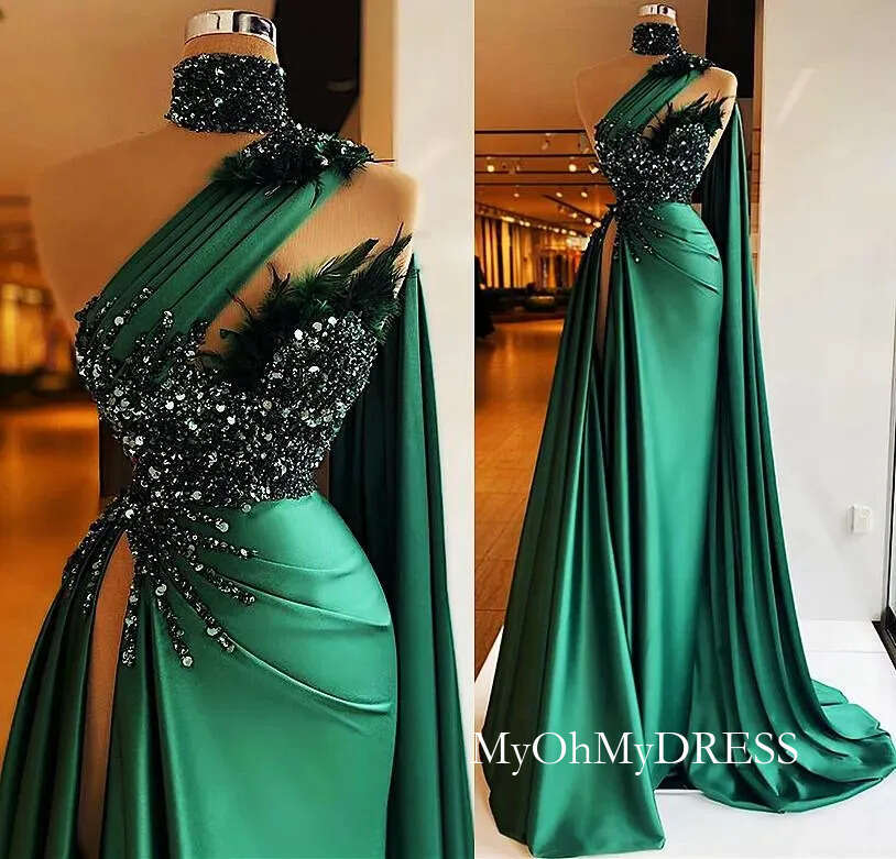 Sexy Hunter Green Satin Mermaid Prom Party Dresses One Shoulder High Neck Beaded Feather Plus Size Formal Evening Occasion Gowns D0306