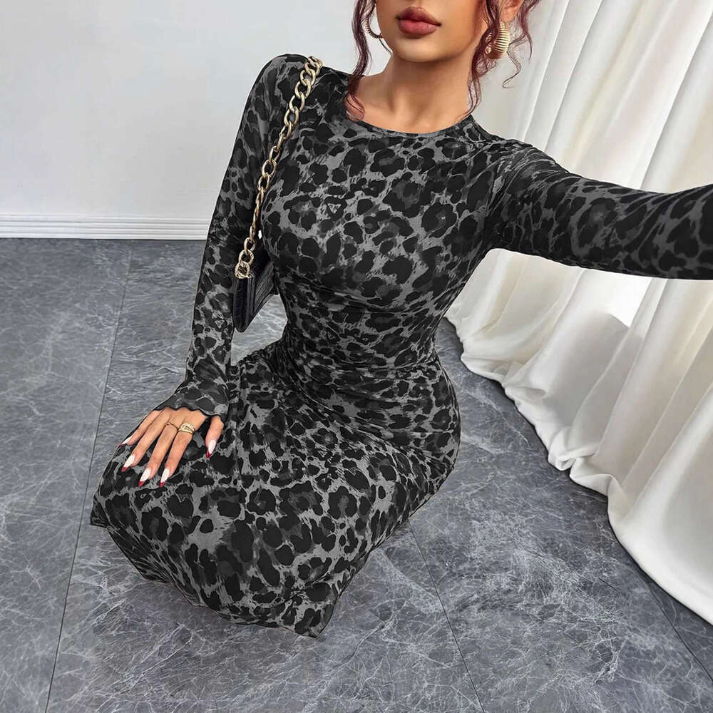 2026 European and American Women's Elegant Leopard Print Slim Fit See-Through Sleeve Sexy Waist-Cinching Tight-Fitting Long Dress