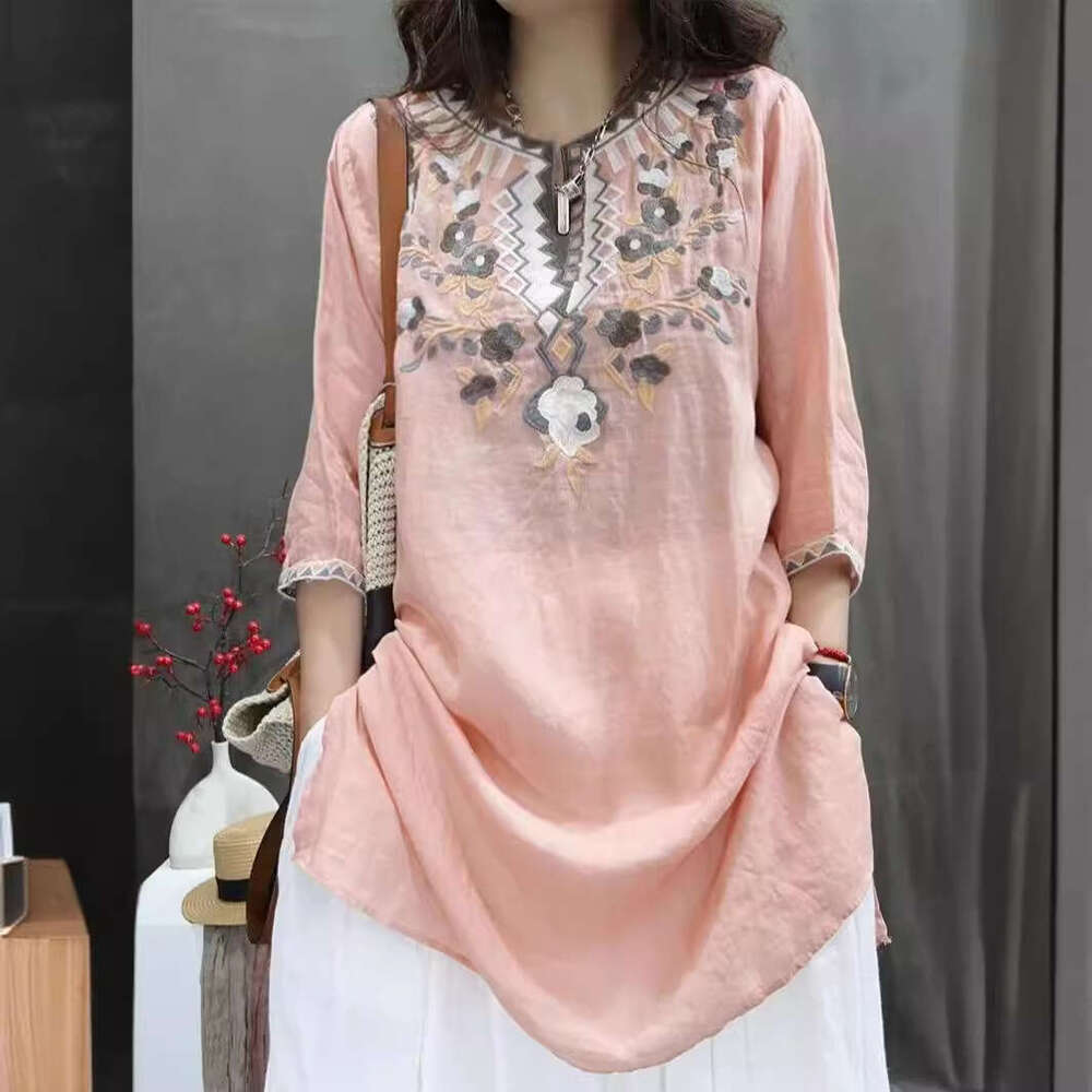 Women's Cotton Linen Embroidered Top Thin Mid Sleeve Retro Chinese Style Spring Summer Autumn New Fashion T-Shirt Embroidery Long Blouse