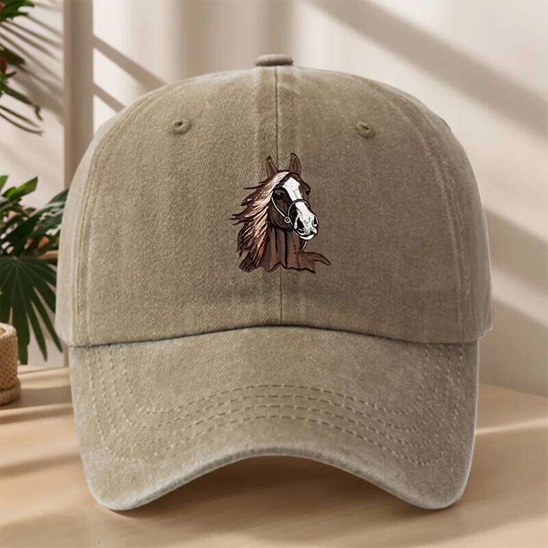 Trendy Versatile Fashion Horse Head Print Washed Vintage Soft Top Sunshade Unisex Baseball Cap Y260304