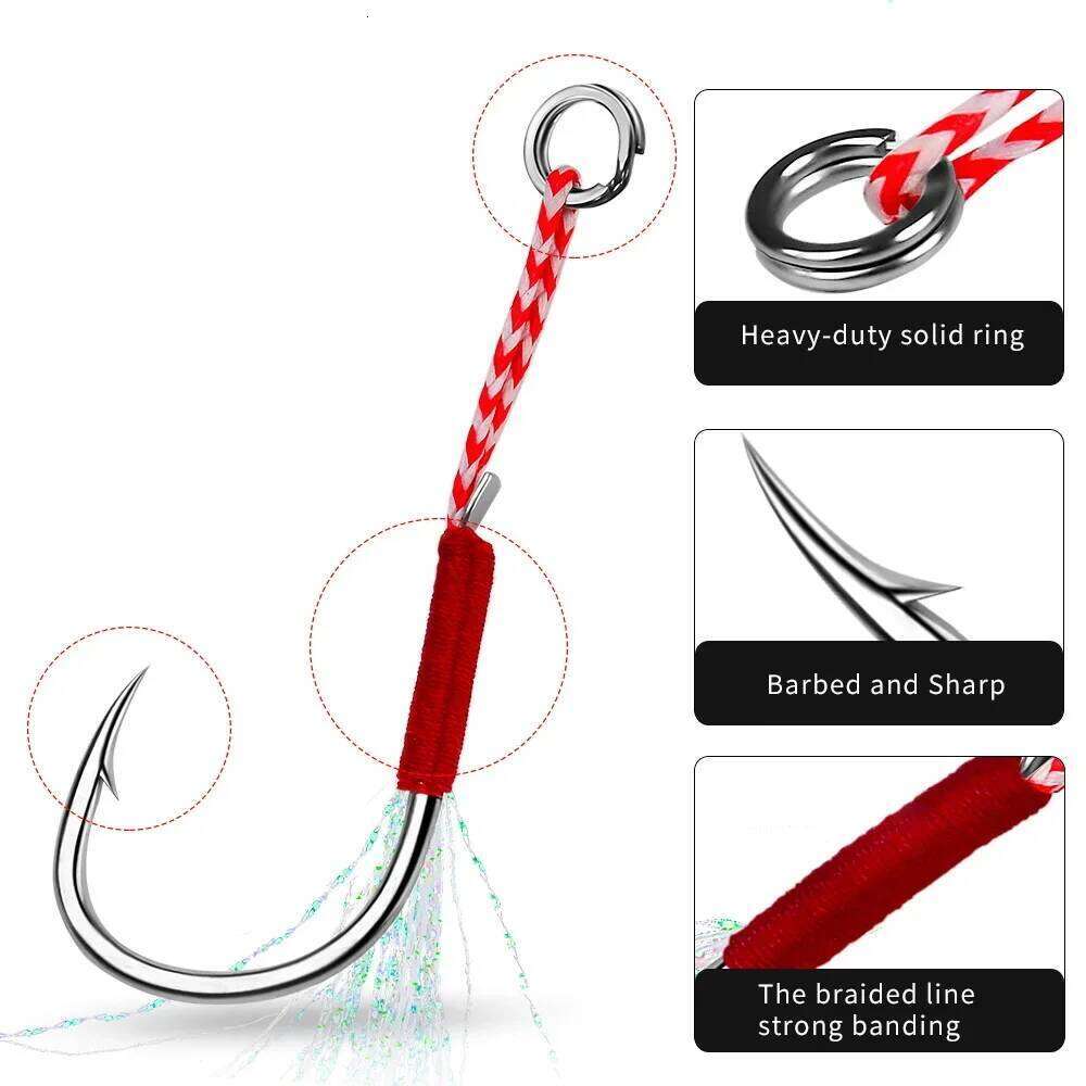 11#-20# Assist Hooks Single Jig Fishhook With Thread Feather Luminous Barbed Sea Hook For Fishing Lure S260305