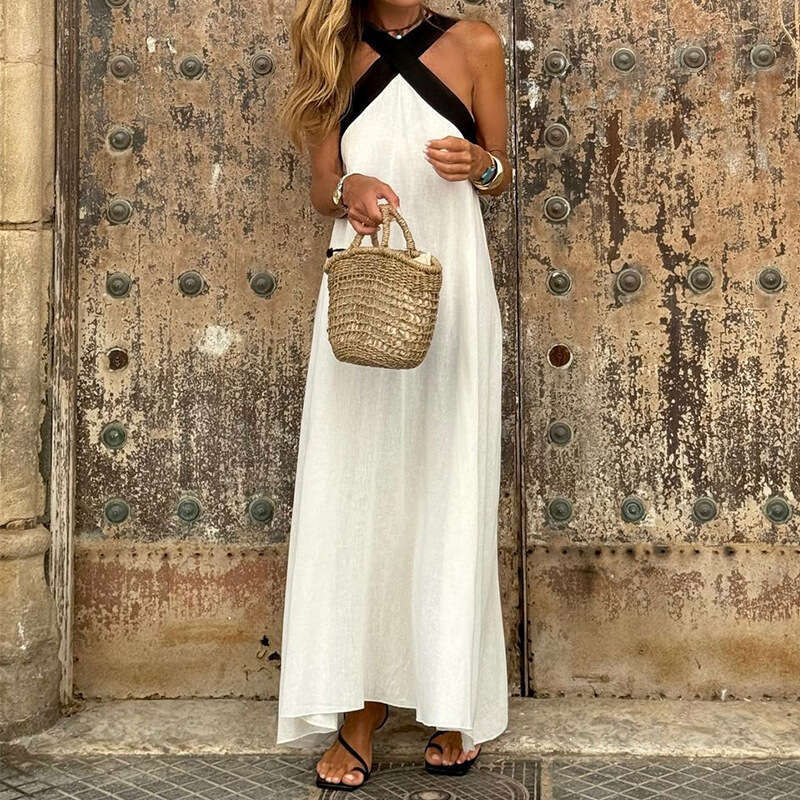 In stock 2026 European and American women's clothing spring/summer new cross-border fashion solid color halter neck sleeveless cotton-linen dress