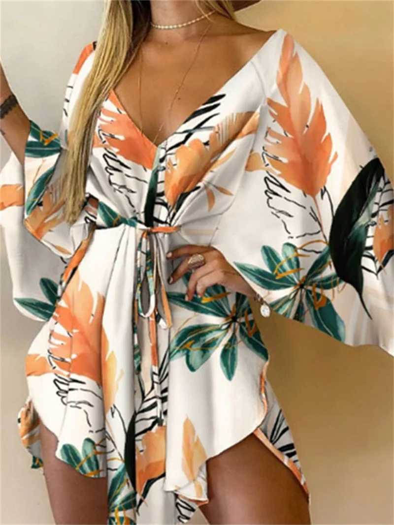 Women Print Dress Sexy V-Neck Bat Sleeve Ruffl Flowers Print Bohemian Beach Sundress Ladies Loose Summer Vacation Mini Dresses X260306