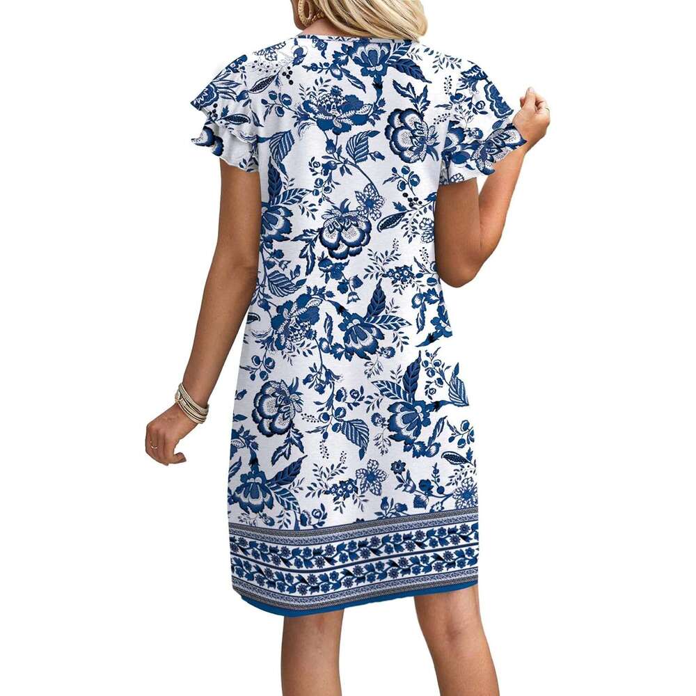 Womens Summer Dresses 2026 Designer Ruffle Sleeve Round Neck Loose Swing Sundresses with Pockets Plain/Print