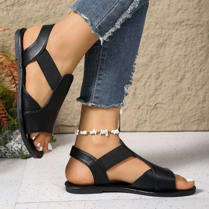 Simple Fashion Flat Heel Women Plus 2025 Summer New Sewing Detail Peep Toe Beach Shoes Casual Ladies Roman Sandals