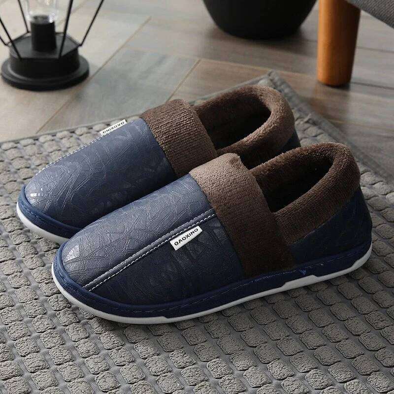 Women's Winter Slippers Home Warm Thick Bottom Plush Waterproof PU Leather Couples Cotton Men's Flat Couple Shoes