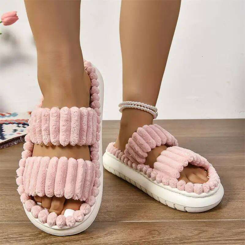 Litfun Winter Corduroy Fuzzy Platform Soft Sole Anti-slip EVA Foam Slides Furry Comfy Women's Slippers