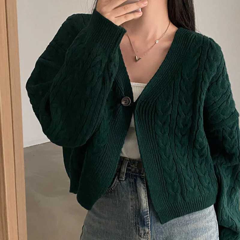 V-neck Twist Design Short Cardigan Sweater Knitted Jacket Fall Autumn and Winter Loose Retro Long Sleeve Casual Womens Clothing M260306