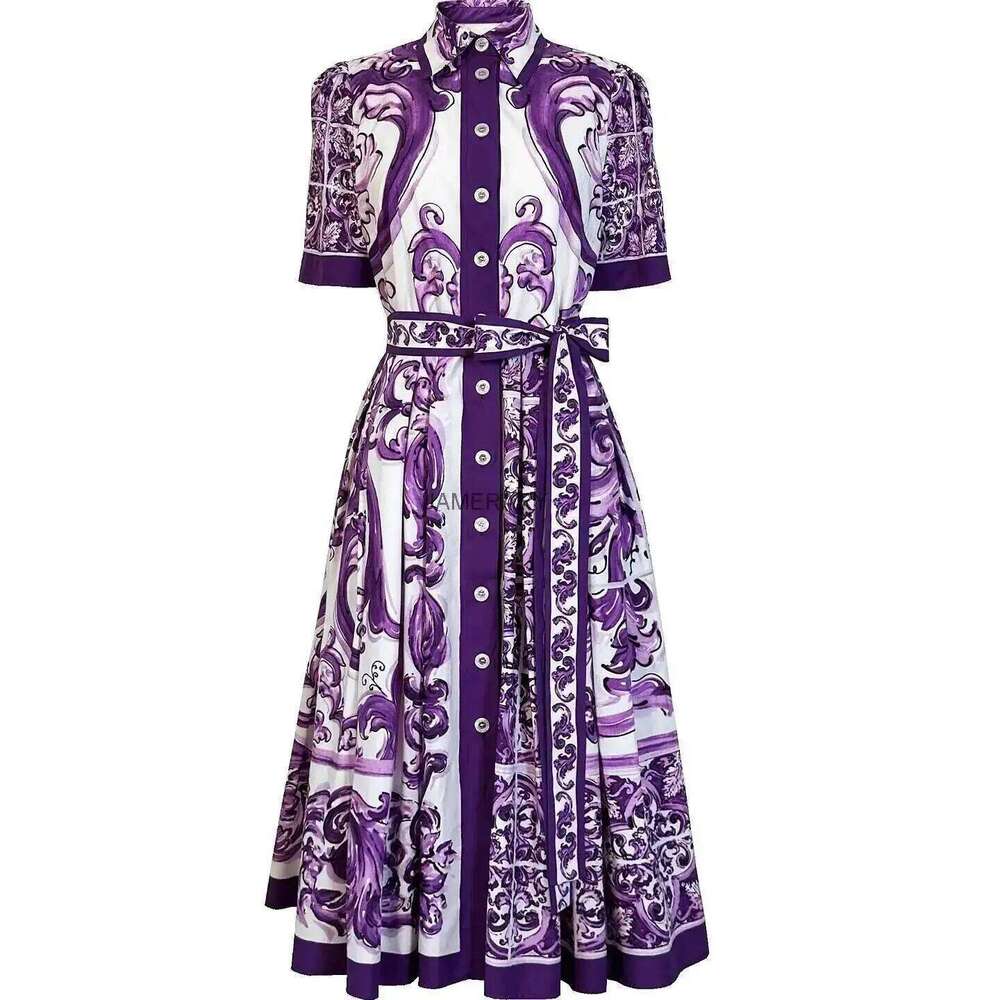 Fashion Summer Floral Long Dress Women Purple Porcelain Print Midi Dresses Shirt Single Breasted Office Lady Work Holiday Runway Mdng260306