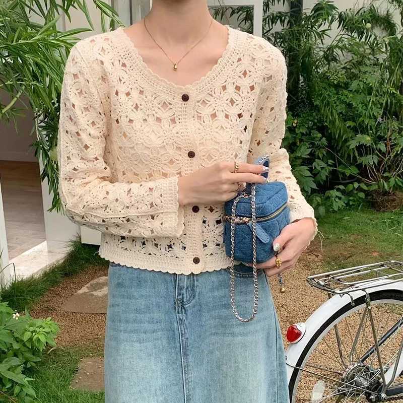 Long Sleeve Crochet Top for Women Sheer Button Up Hollow Out Openwork Knit Cardigan Jacket Spring Summer Boho Vacation Outfit M260306