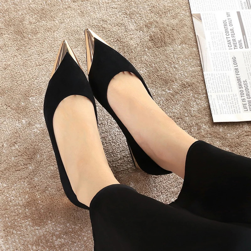 Retro womens low heeled shoes suede Ladies shoes Metal pointed tip women shoes Comfortable Female shoes low heel Office shoes 260306
