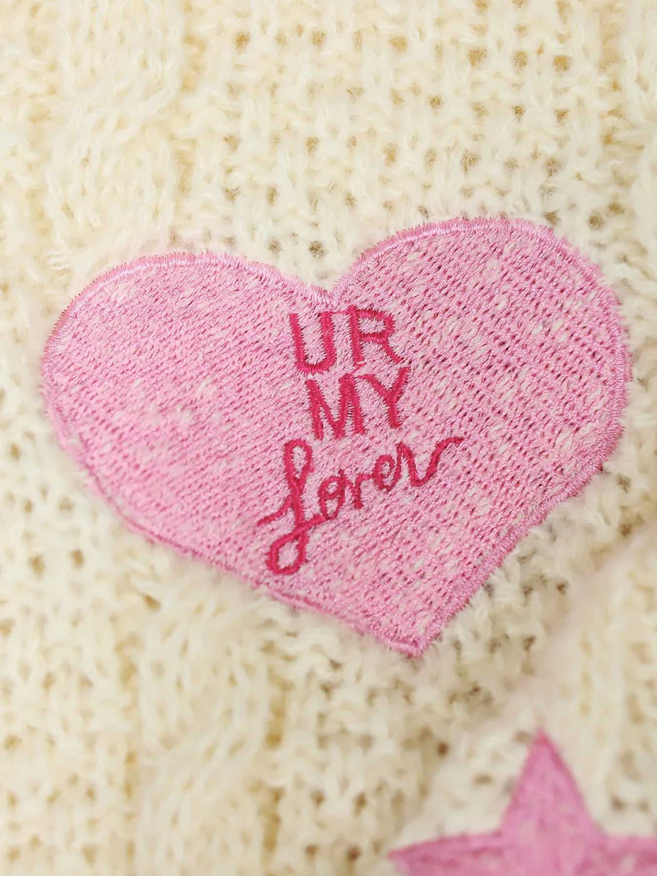 Womens Pink Cable Knit Cardigan V-Neck Contrast Trim Heart Star Pattern Sweater M260306