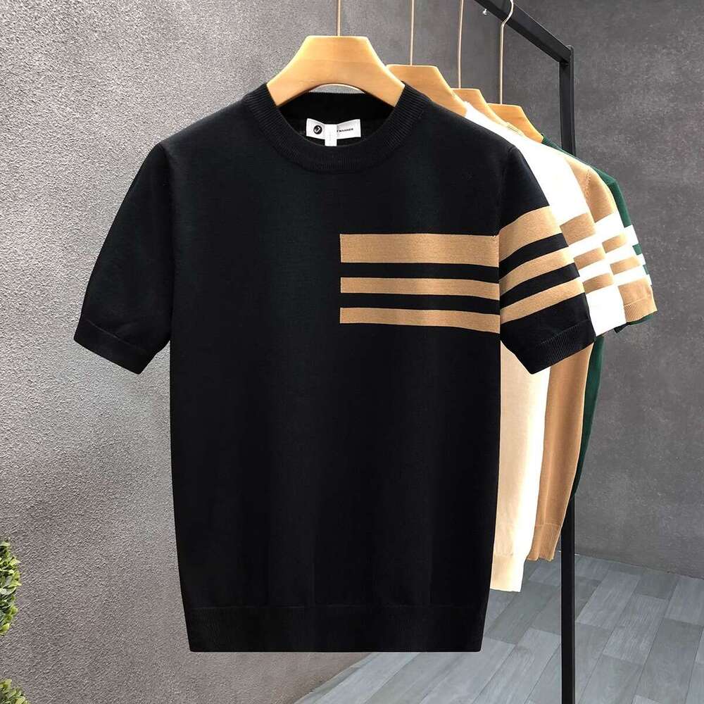 Summer New Short Sleeve Knitted Shirt for Men, Striped Simple Business Style, Slim Fit Ice Silk T-Shirt, Export Cross-Border Wholesale