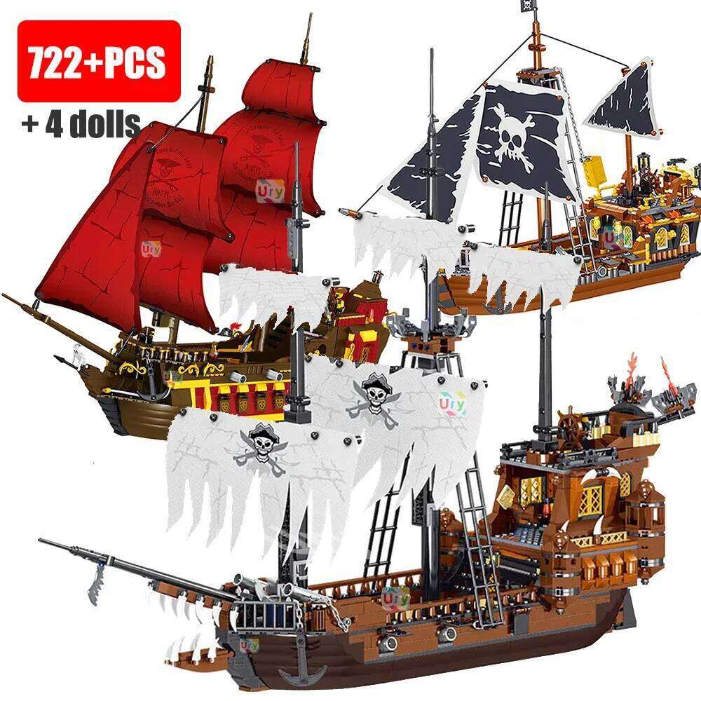 Pirates Ship Adventure Ideas Retro Red Black Boat Island Storm Vessel Flagship Movie Building Blocks Model Toy for Kid Xmas Gift Z260306