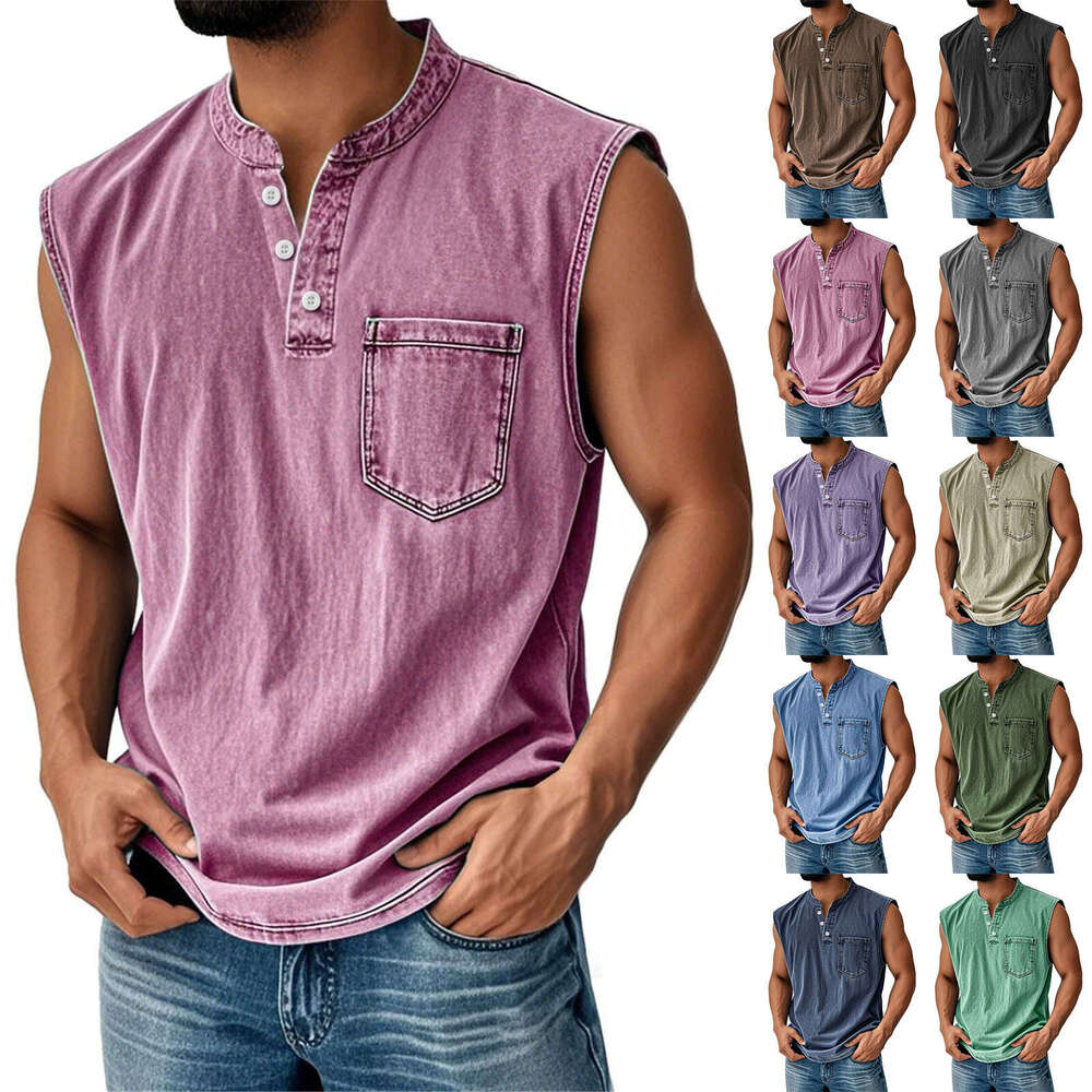 2026 European and American popular sleeveless for young men, casual trendy open-front T-shirt wholesale