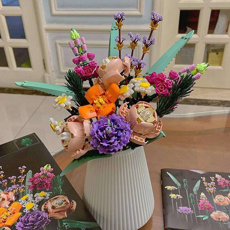 Creative Romantic Rose Flower Bouquet Building Blocks Home Desk Plant Decoration Assemble Bricks Toys Gifts For Girls Lady Z260305