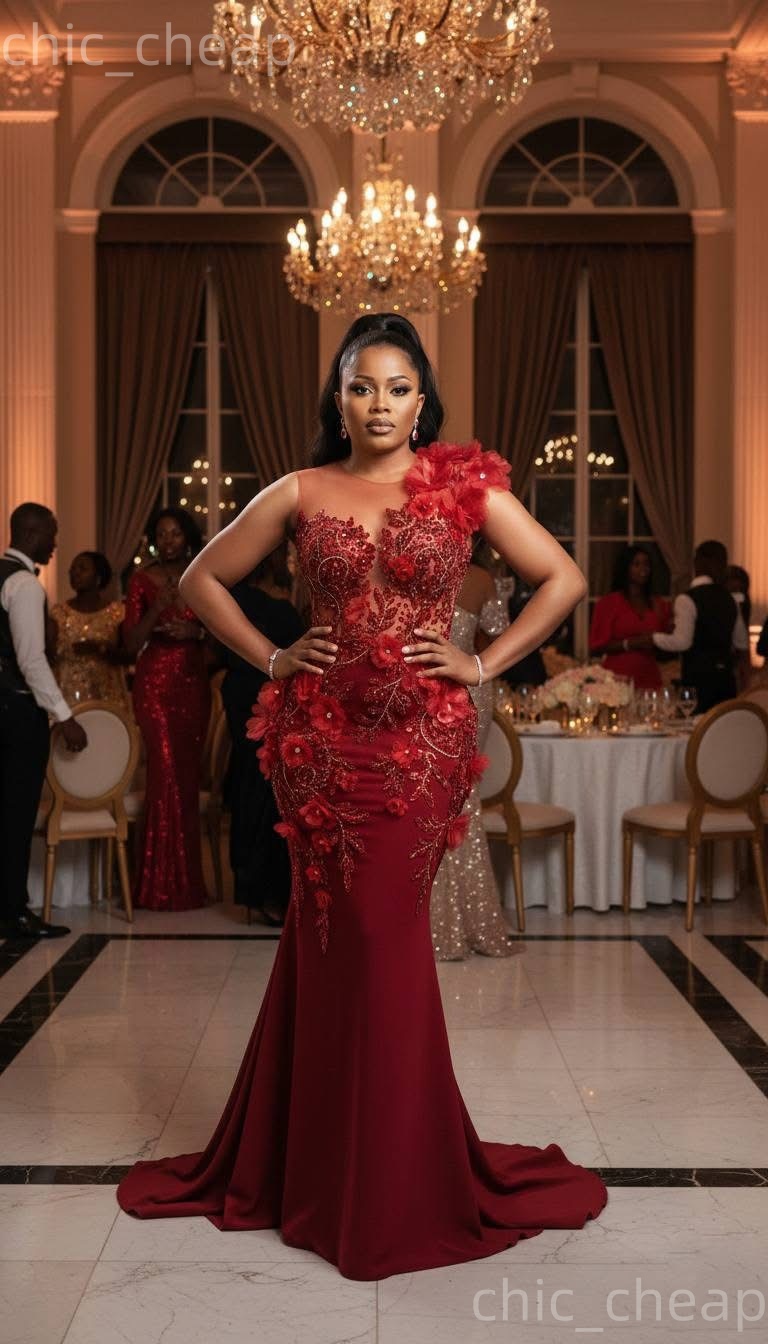 Aso Ebi Dark Red Prom Dress 2026 Mermaid Prom Dress Appliques Beaded Flowers Evening Dresses For Black Women Birthday Party Formal Receiption Gowns Dr