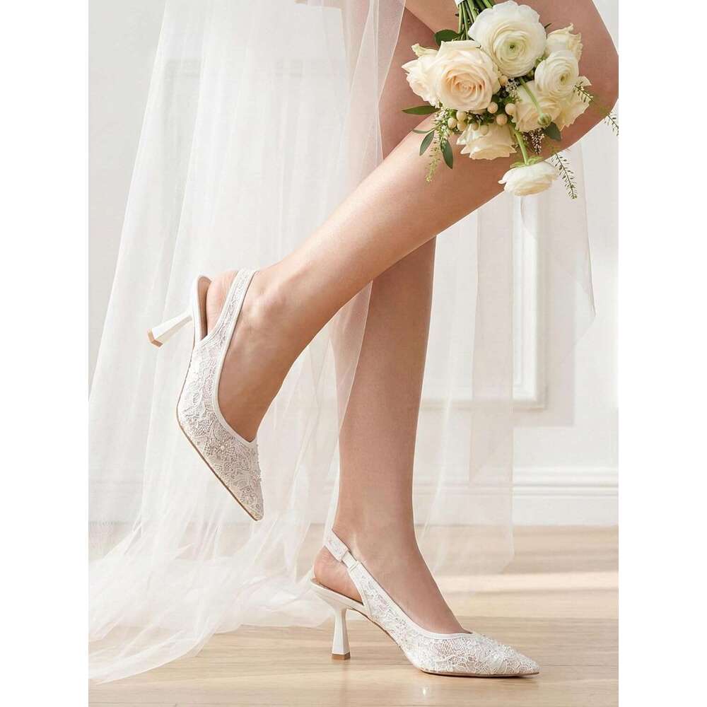 Slingback Wedding Heels For Women Bridal Lace Mesh Kitten Heel Closed Pointed Toe Pearl Pumps Shoes