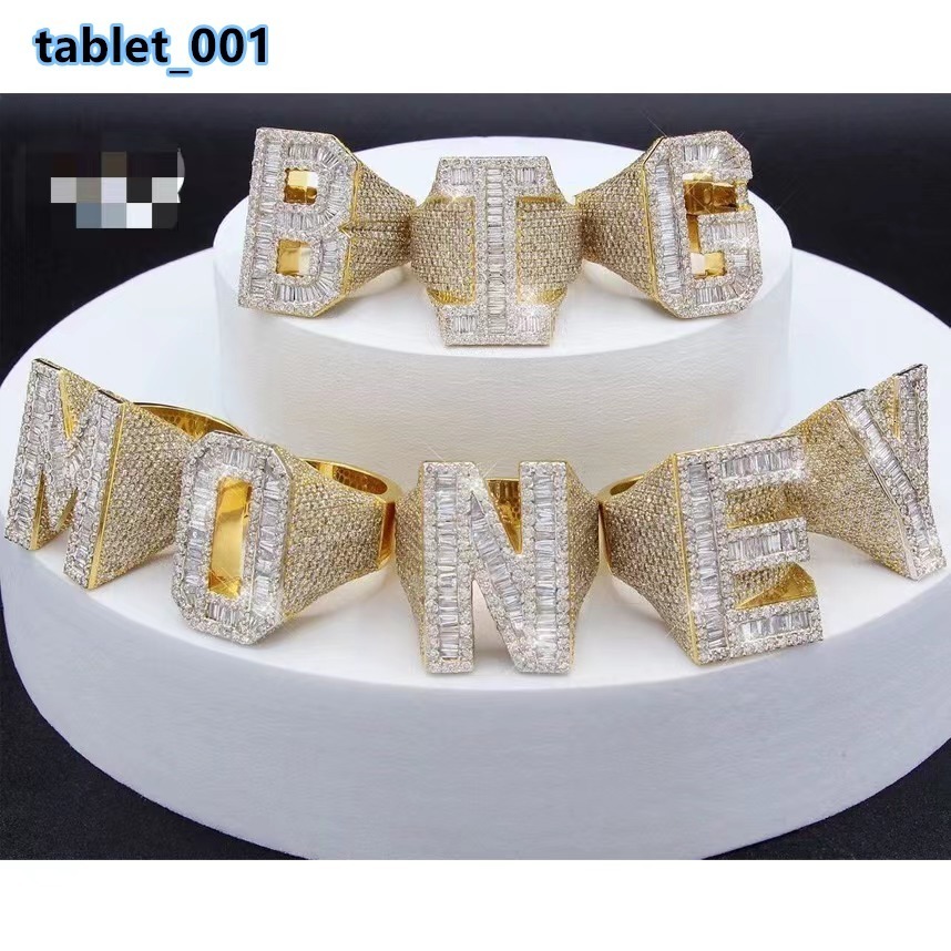 Hip Hop Mens Diamond Vvs Moissanite Pass 925 Sterling Silver Full Baguette Jewelry Big Finger Letter Ring for Men