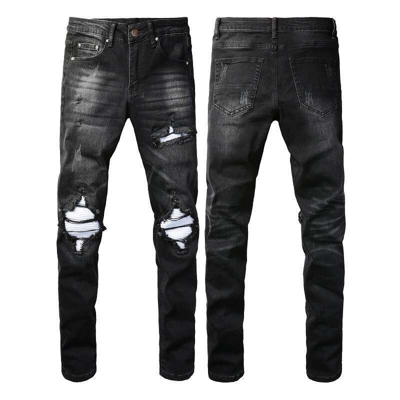 Trendy High Street Slim Fit Style Ripped silver Patch European and American Jeans Men's Pants Skinny