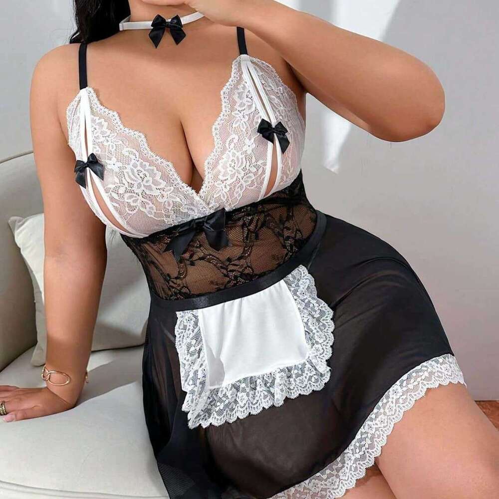 Women Black & White Lace Maid Costume with Deep V-Neck & Bow Details Sexy, Elegant & Perfect for Role Play, Party or Photo Shoot