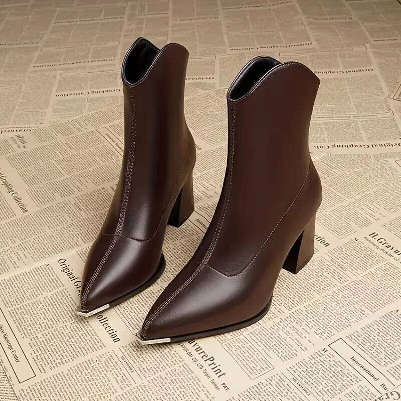 2025 Winter Women's Black Pointed Toe Cowboy - Chunky Heel Zip Ankle Patent Leather Fashion Party Boots