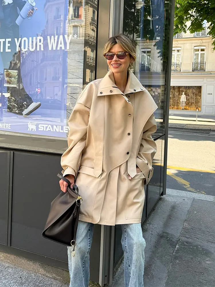 Women Buttons Waist Cinching Windbreaker Solid High Neck Long Sleeve Singlebreasted Trench Coat Lady Autumn Street Outerwear 260228