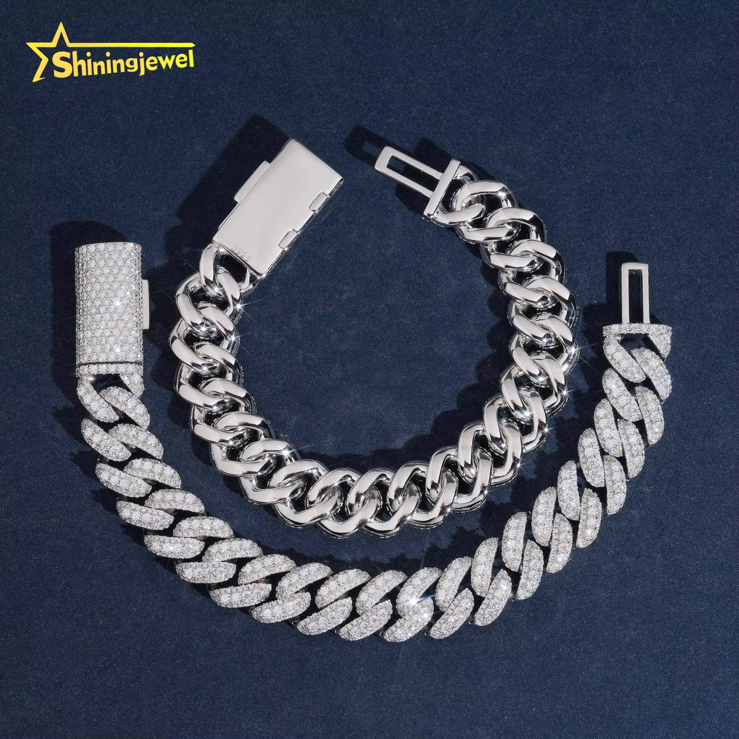 USA Warehouse New Style Men 925 Silver Bracelet Iced Out 13mm Hip Hop Moon Shape Moissanite Cuban Bracelet Fine Jewelry