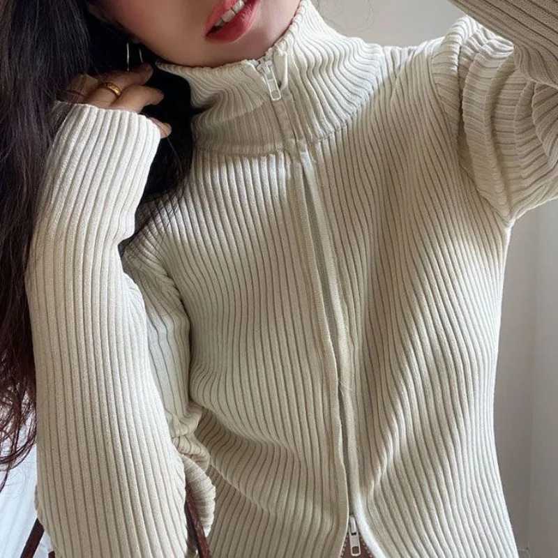 Autumn Winter French Retro Zipper Knitted Bottoming Shirt for Women with Western Style Long-sleeved Outer Knitted Cardigan Top M260306