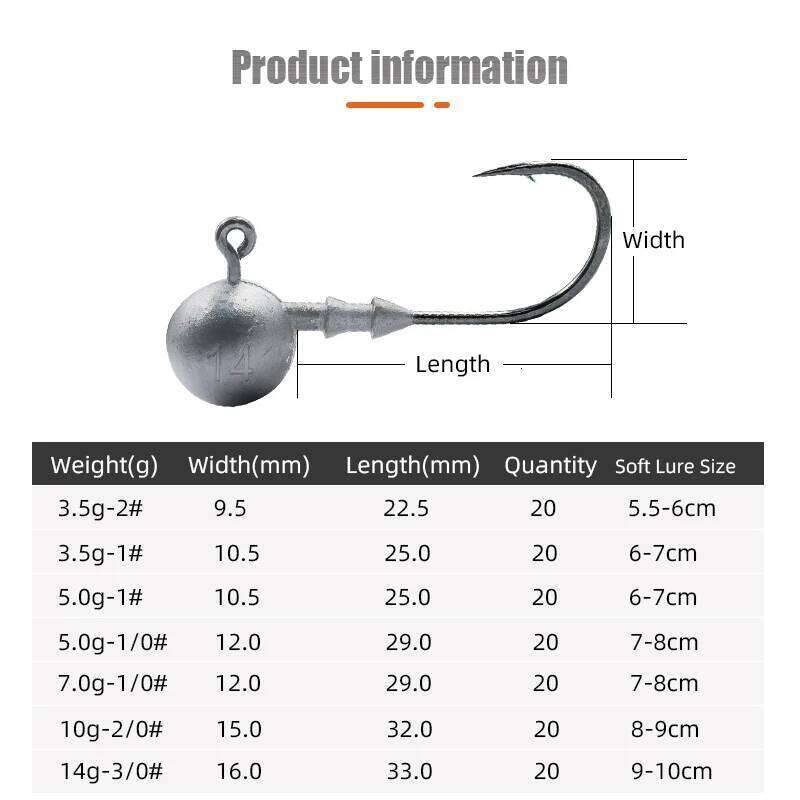 LSP 20pcs hook 3.5g 5g 7g 10g 14g Round Ball Jig Head Hook Weedless Fishhook Carbon Steel Fishing Accessories S260305