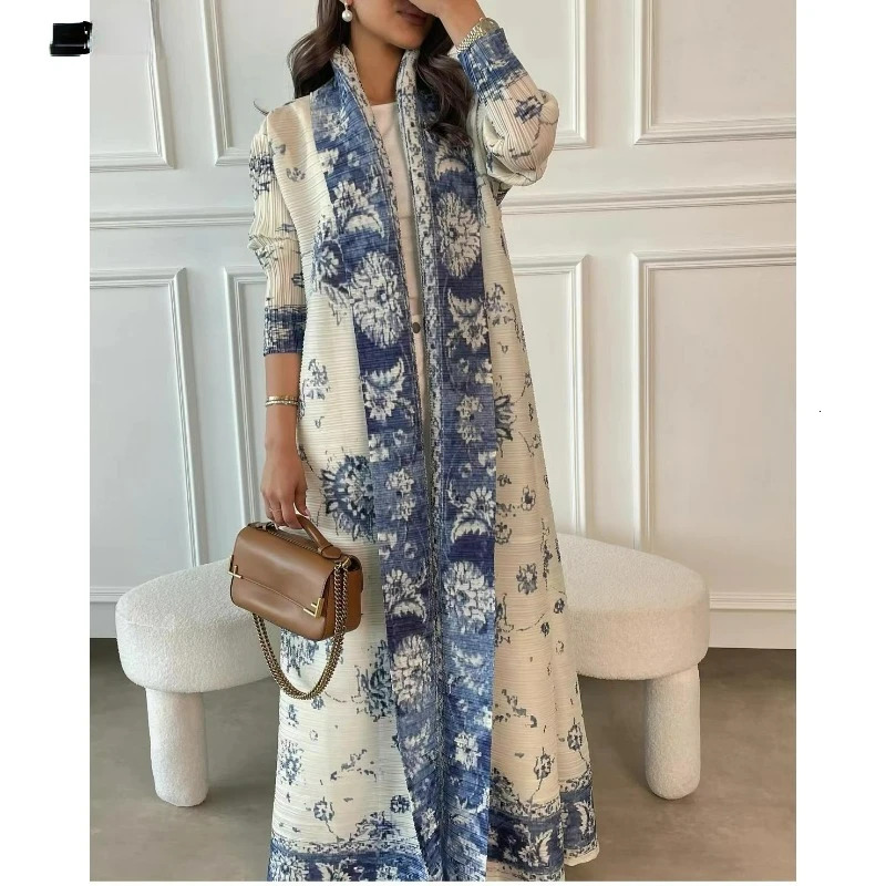 Fashion Saudi Womens Long Gown White Premium Printed Temperament Elegant Pleated Abaya Casual Peplum Holiday Dress Jacket 260228