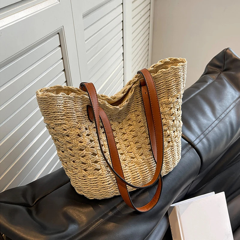 Casual Rattan Wicker Tote Bag Large Capacity Woven Womens Summer Beach Straw Handbag Lady Travel Big Basket 260303