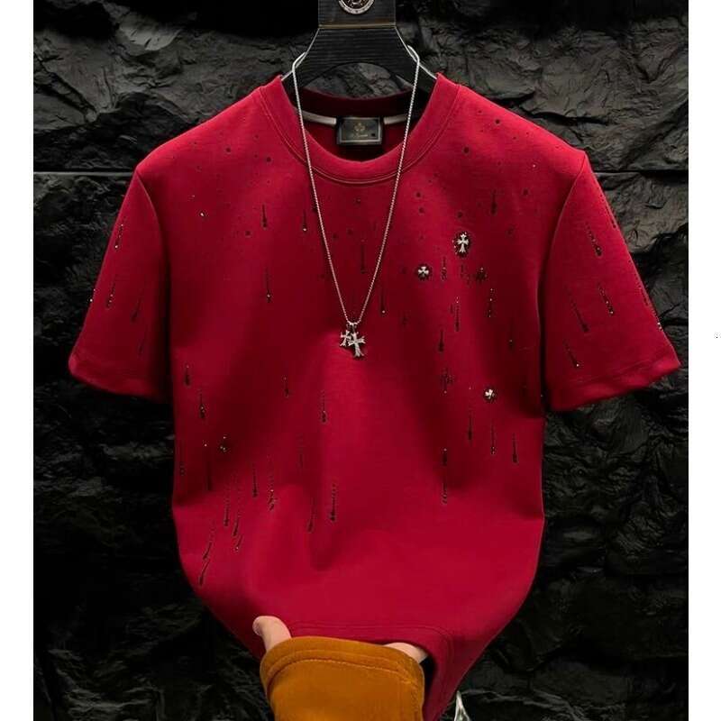 European and American Style Handsome Short Top Heavy Craft Light Luxury Clothing Meteor Hot Stamping T-Shirt Men's Round Neck Half Sleeve Tee