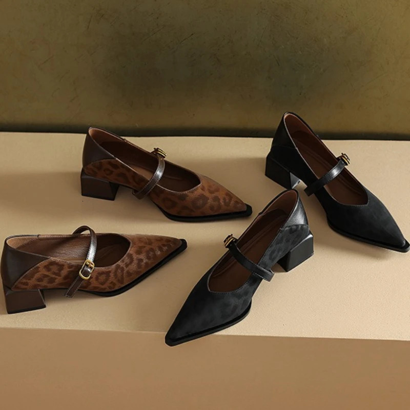 Vintage Pointed Toe Women Mary Jane Shoes Concise Shallow Buckle Shoes 2026 Spring Ladies Elegant Leopard Thick Heel Dress Shoes 260303