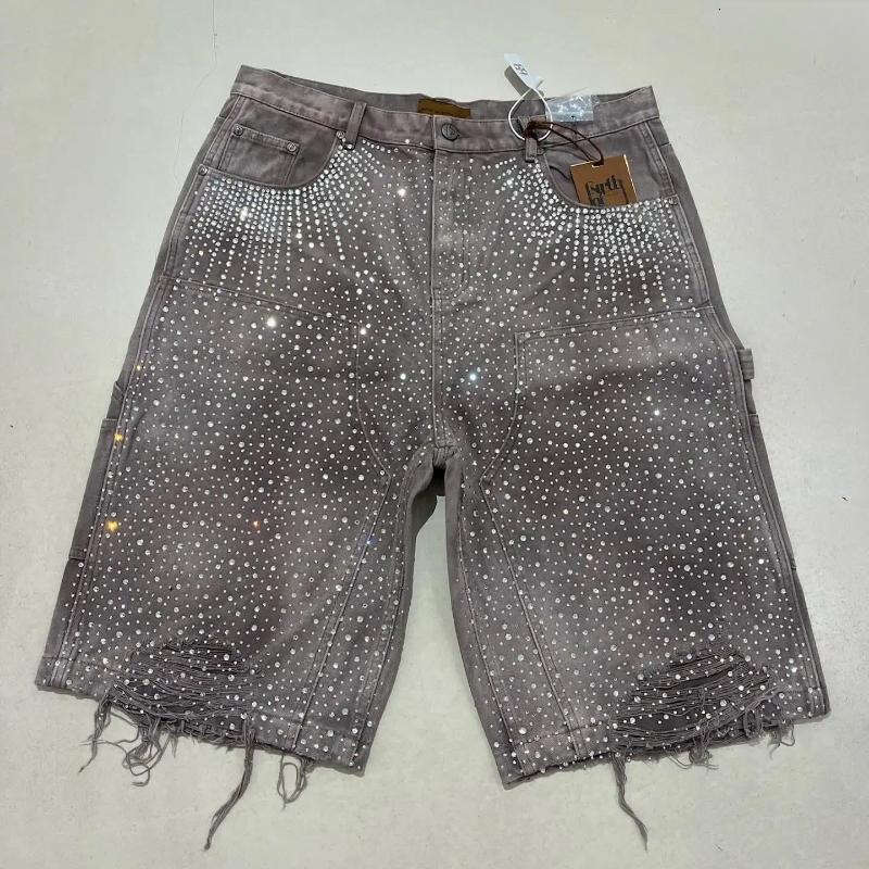 2026 men's loose denim shorts with retro rhinestone and sequin denim style casual streetwear