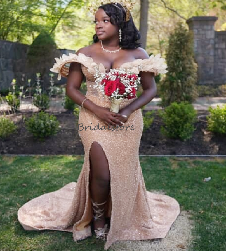 Gorgeous Champagne Prom Dresses For Black Girls Off Shoulders Leaves Mermaid Evening Gowns Aso Sequin Luxury Slit Formal Occasion Dresses 2026 Nigeria