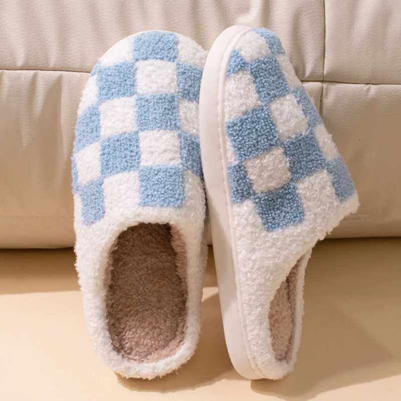 Fashion Mixed Color Plaid Cotton Slippers Women Comfort Soft Sole Plush Home Slides Woman 2025 Indoor Non Slip Fluffy Slippers S260305