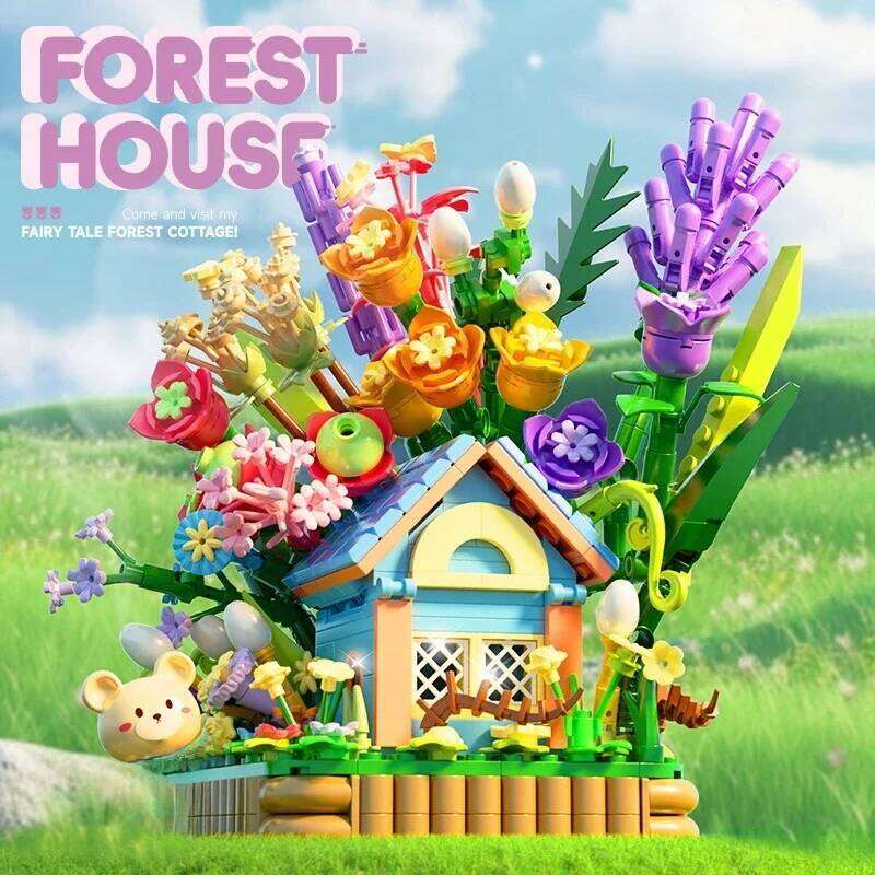 Little Bears Forest Cabin Building Blocks Warm Flower House Model Bricks Set With Desktop Deco Kids DIY Toys Holiday Gift Z260305