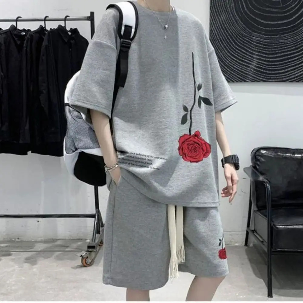 Y2k Korean Fashion Streetwear Hip Hop Rose Casual Short Suit Tshirt 2 Piece Set Summer Tracksuit Men Harajuku Oversize Tee 260227