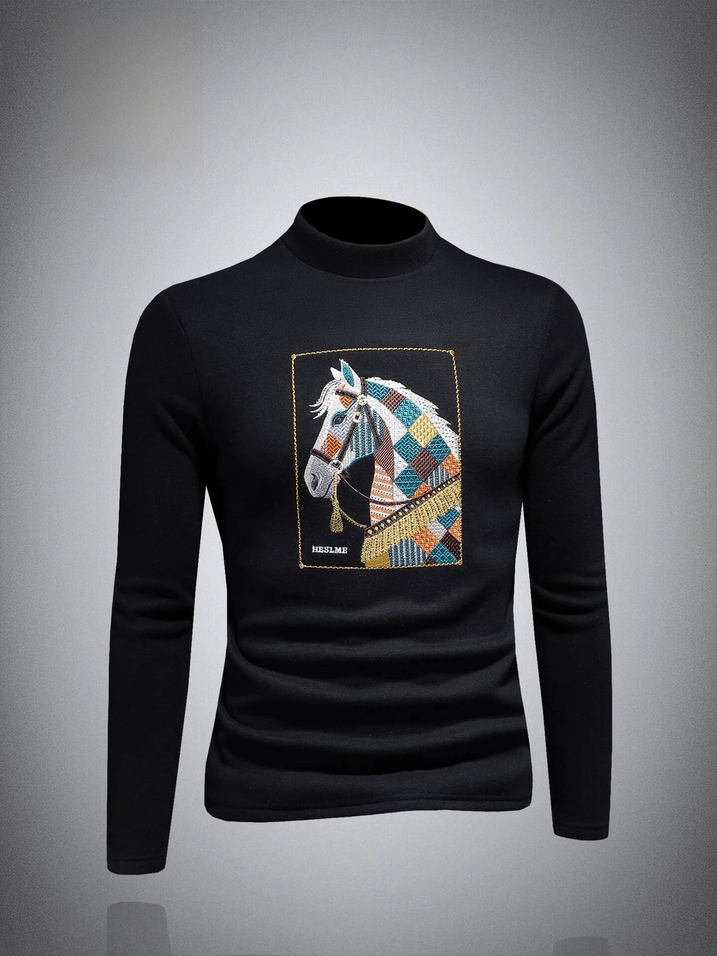 Embroidered Fce Lined Thi Long Sve f High Collar Men's T-irt for Winter Warm Base Layer irt