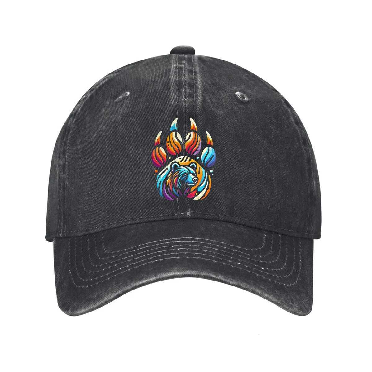 Colorful Bear Paw Print Baseball Cap Washed Denim Adjustable Casual Dad Hat for Unisex S260306
