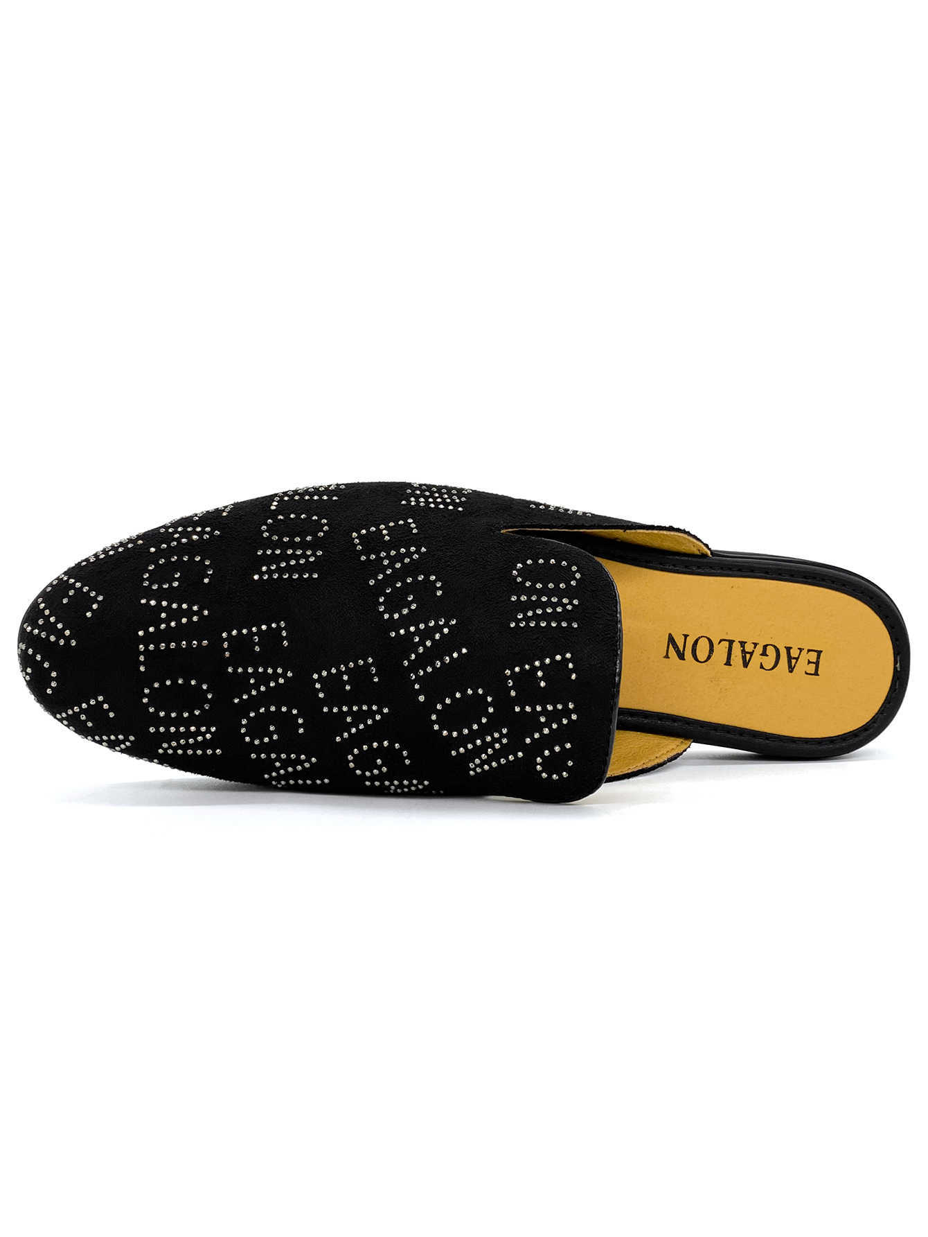 Men's Black Velvet Mules with Rhinestone Letter Pattern Backless Slip-On Loafers Fashion Streetwear Slippers