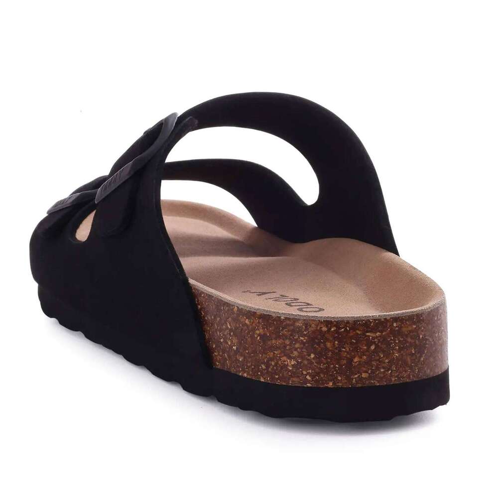 Litfun Women's Cork Footbed Classic Leather Flats Slippers Thick Bottom Double Buckle Slides Beach Sandals Adjustable