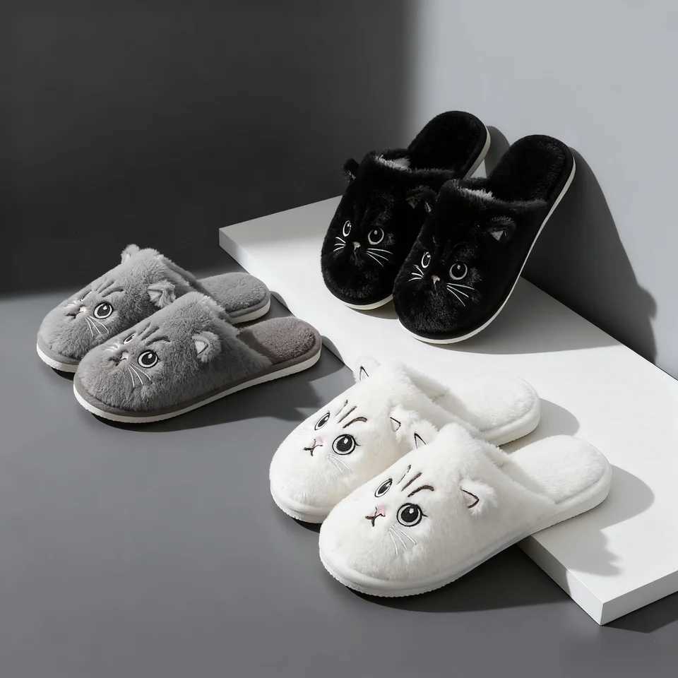 Cute Cat Cotton Slippers Unisex Warm Soft Winter Home Shoes Maternity Recovery Slip-On Comfortable Furry Slippers S260305