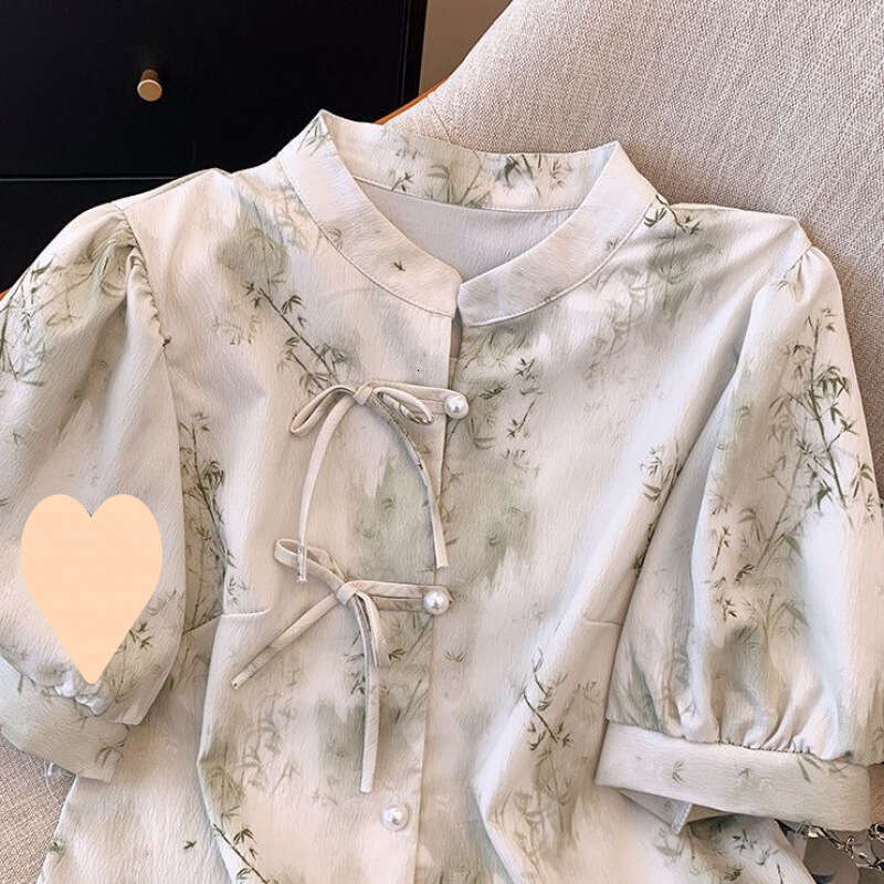 New Chinese style Green Bamboo Print Short Sleeve Shirt With Summer Cheongsam Collar And Button Design Embroidered Slim Fit Women's T-irt Summer