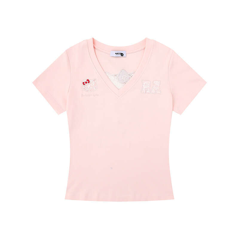 Sweet Cute Cat Hollow Short Sleeve V-neck T-shirt Women's Slim Fit Pure Cotton Style Summer Fashion Top Y2K cartoon embroidery