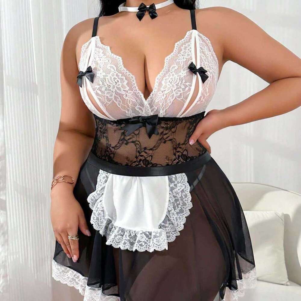Women Black & White Lace Maid Costume with Deep V-Neck & Bow Details Sexy, Elegant & Perfect for Role Play, Party or Photo Shoot