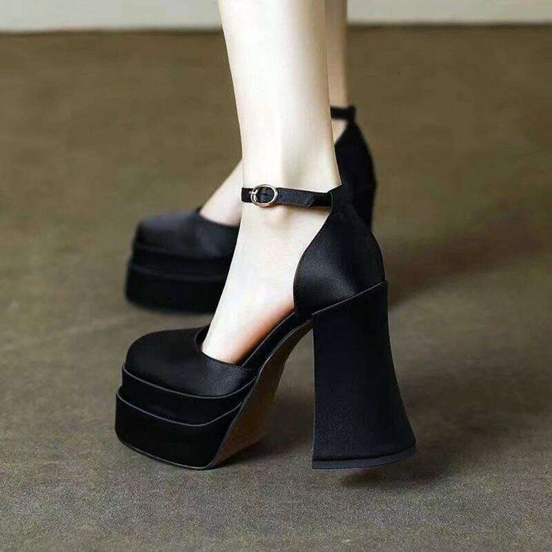 2025 Women'S High Chunky Platform Closed Block Heels Square Toe Ankle Strap Dress Wedding Party Prom Pumps Shoes